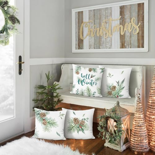 Bonhause-Hello-Winter-Throw-Pillow-Covers-18-x-18-Inch-Pine-Leaves-Cones-Green-Plant-Botanical-Decorative-Pillow-Cases-for-Couch-Sofa-Bed-Home-Holiday-Decor-Set-of-4 Bonhause Hello Winter Throw Pillow Covers 18 x 18 Inch Pine Leaves Cones Green Plant Botanical Decorative Pillow Cases for Couch Sofa Bed Home Holiday Decor Set of 4
