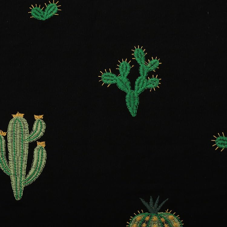 Tissu en coton et lin brodé motif cactus coupon 50x125cm
