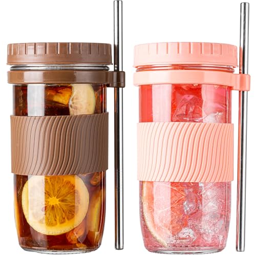 wookgreat 2 Pack Bubble Tea Cup, 24oz Iced Coffee Cups, Mason Jar with & Straws & 2 Airtight Lids, Reusable Wide Mouth Smoothie Boba Cup, Clean Brush, Glass Cups, Travel Drinking Bottle