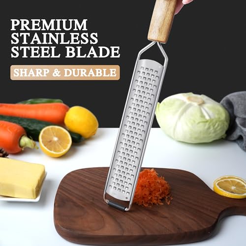 ALLWIN-HOUSEWARE Cheese Grater Zester Set of 5, 304 Stainless Steel with Acacia Wood Handle Kitchen Grater & Peeler & Slicer for Cheese, Lemon, Ginger, Garlic, Nutmeg, Fruits, Vegetables, Chocolate