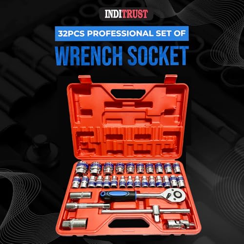 Image of Inditrust Heavy 32Pc 1 /2 Inch Ratchet Socket set Wrench Spanner Tool Set, CR-V Combinational Goti Set with Carry Box for Car, Bike & Automobile Repair Tool Kit