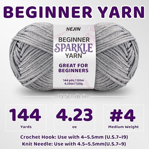 Image of 120g Silver Sparkle Yarn for Crocheting and Knitting; 120m(144yds) for Beginners with Easy-to-See Stitches; Worsted-Weight Medium #4; Yarn for Beginners Crochet Kit Making