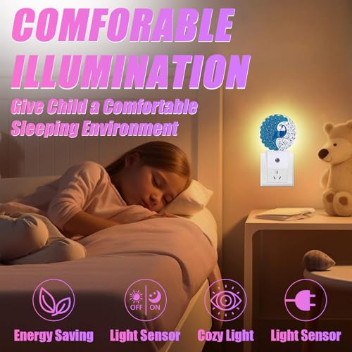 Image of Blue Peacock Night Light Vintage Feathers Night Lights LED Lamp Round Plug into Wall Nightlight with Dusk to Dawn Sensor Home Hallway Stairway Kitchen Decor