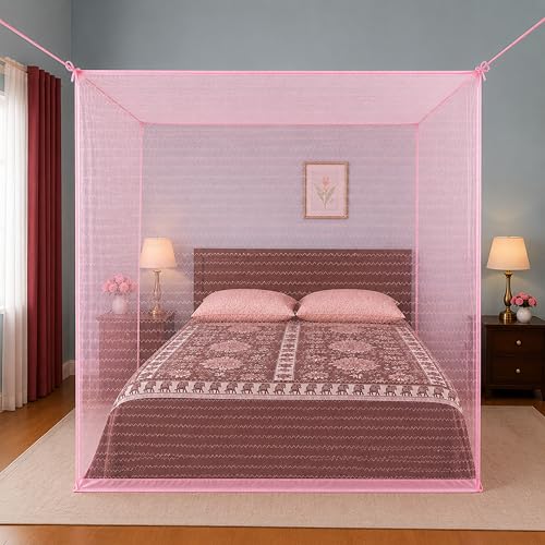 Image of Mosquito Net for King Size Bed & Double Bed (6x7 ft, Wall /Hook Hanging) Poly-Cotton Blend Fabric with Zigzag Wave Line Pattern, Pre-Fitted Bottom & Cotton Ribbon (Pearl Pink)