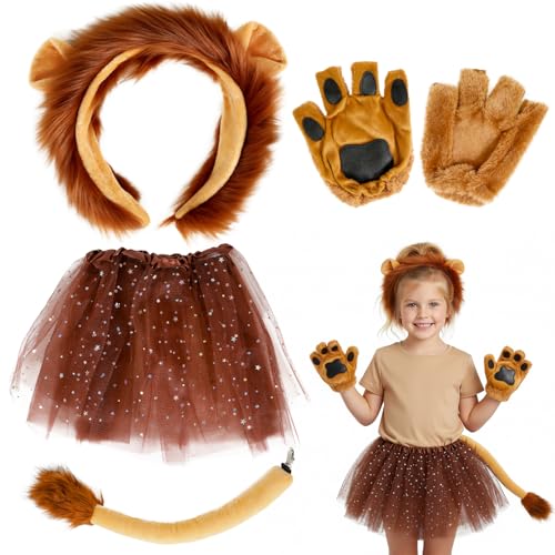 letcdfer 4 Stück Löwen Kostüm Set Löwen Kostüm Zubehör Löwenohren Stirnband Schwanz Tutu und Handschuhe Löwen Kostüm für Erwachsene und Kinder Cosplay Bühnenaufführung