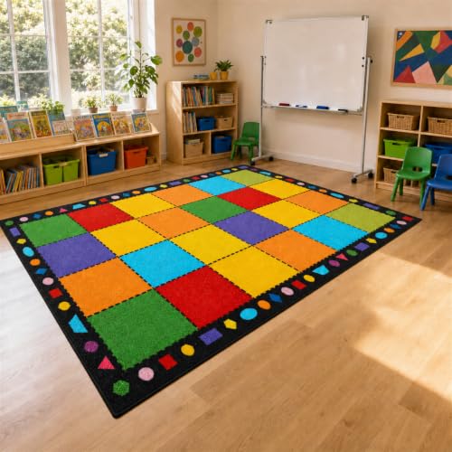 Image of Booooom Jackson Classroom Rug - 7'6''x13' Warm Confetti Block Preschool Classroom Carpet, Non-Slip & No-Trip Edges, Vibrant Colors for Kids Playroom Floor Mat