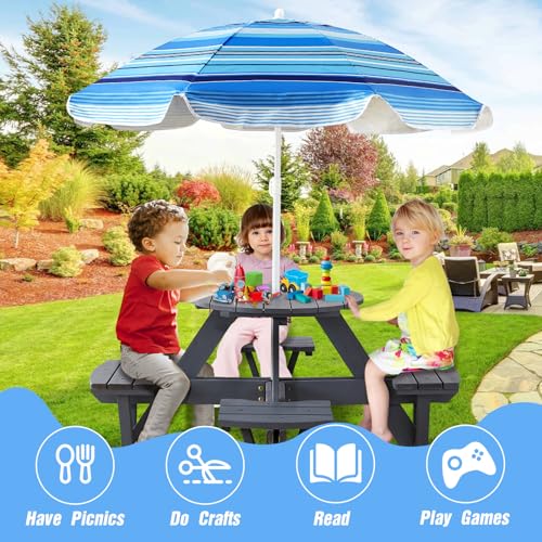 Beright Kids Picnic Table, Kids Outdoor Round Table with Height Adjustable Umbrella & Wood Bench, Perfect for Outdoor Garden Yard Dining