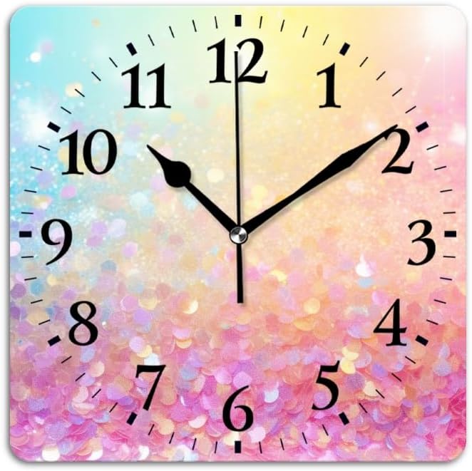 Battery Operated Wall Clocks Colorful Pastel Glitter Background with Bokeh and Sparkles Silent Non-Ticking Decor Clock with Photo for Bathroom,Office(12inch)