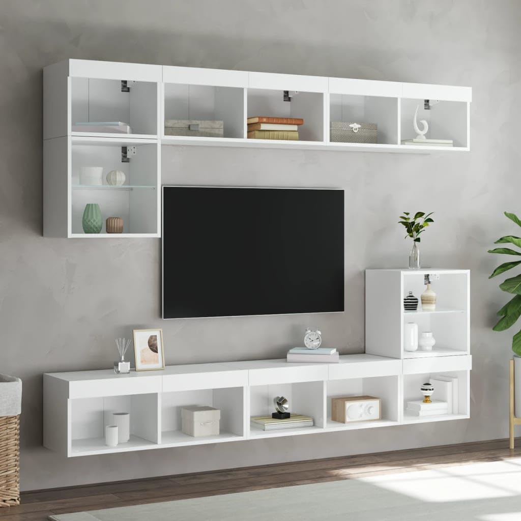 8-częściowy zestaw mebli TV z oświetleniem LED RGB, biały, montowany na ścianie, z tworzywa drewnopochodnego, odporny na wilgoć, dużą przestrzenią do przechowywania książek