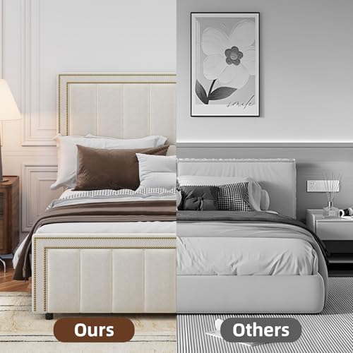 Image of BarnFurin Full Bed Frame, 50 inch Tall Headboard & Footboard, Chenille Upholstered Vertical Tufted Bed with Nailhead Trim, No Box Spring Needed, Beige