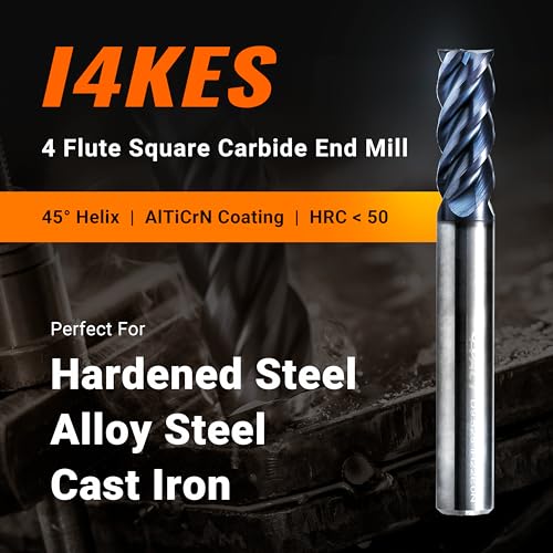 Image of ACCUCUT I4KEL 5 /16 inch Carbide Square End Mill- 4 Flute Milling Bit for Steel, Forge Steel, Hardened, Copper, Alloys & Materials < HRC 50 - AlTiCrN Coating CNC Router Bit, 45 Degree Helix