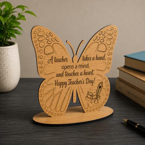 Image of Wooden Butterfly Table Top for Teacher | Happy Teacher's Day Engraved Desk Decor | Premium Wooden Appreciation Gift