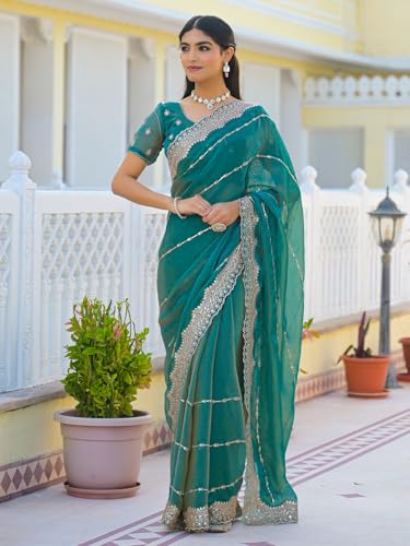 Image of Satrani Women's Shimmer Chiffon Scalloped Border Sequins Embroidery Saree with Unstitched Blouse Piece