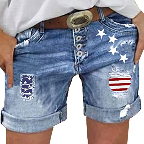 TACSTRUN American Flag Print Ripped Denim Shorts for Women (M Blue)
