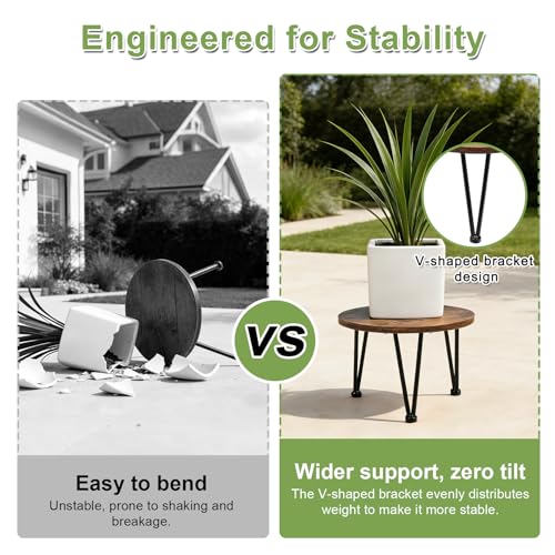 Image of Vigordream Metal Plant Stand Indoor, Heavy Duty Wood Single Planter Holder | Round Flower Pot Stands, Low Plant Table, Mid Century Modern Corner Planter Riser, Decorations for Home, Patio, Garden