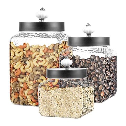 Style Setter Square Canister Set 3-Piece Glass Jars in 43, 64 and 75 ounces Chic Retro Design with Airtight Stainless Steel Lids for Cookies, Candy, Hammered Cover