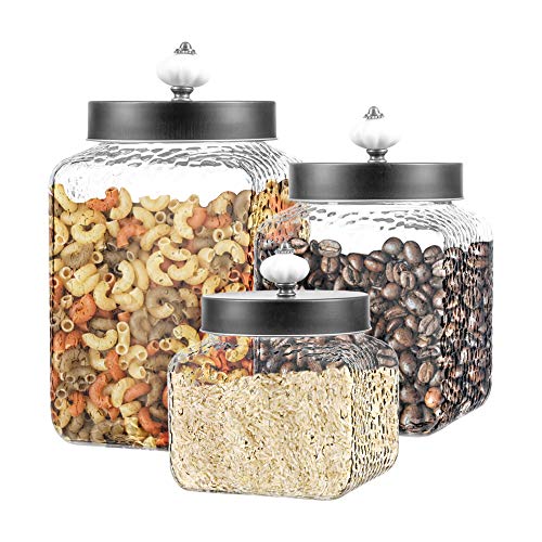 Style Setter Square Canister Set 3-Piece Glass Jars in 43, 64 and 75 ounces Chic Retro Design with Airtight Stainless Steel Lids for Cookies, Candy, Hammered