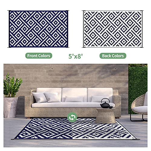 Image of GENIMO Outdoor Rug, Waterproof Plastic Rugs for Patio, 5'x8' Blue White