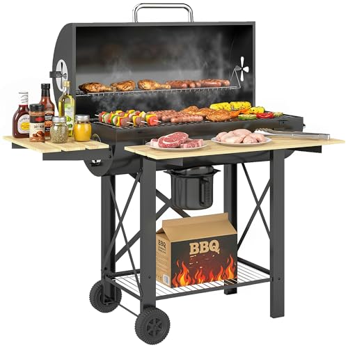 Outsunny Barbecue Charbon de Bois XXL en Acier avec Couvercle Fumoir - Chariot Grill de Jardin avec Tablette Pliable en Bois - Cuisson avec Poignée Isolante pour...