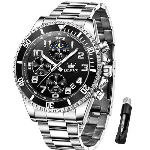 OLEVS Montre chronographe pour homme en acier inoxydable noir
