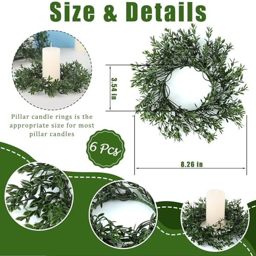 Image of 6 Pcs Artificial Boxwood Candle Rings Wreaths Mini Green Kitchen Cabinet Wreath Table Centerpieces Spring Summer Rings Wreaths for Pillars Farmhouse Wedding Party Decor
