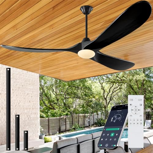 Image of Outdoor Ceiling Fans with Lights-Glass Lamp, 60 inch Damp Rated Wood Propeller Blades for Patios & Porch, Smart APP and Remote Control, 3 Blades Dimmable LED Ceiling Fans, High CFM 6 Speed-Black
