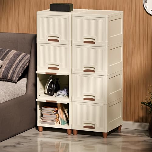 Image of Amazon Basics Multi-Purpose Organizer | Modular Storage Box for Clothes, Kitchen, Bedroom & Living Room | Stackable Rack, Space-Saving Wardrobe Cabinet (Off White), 8 Piece