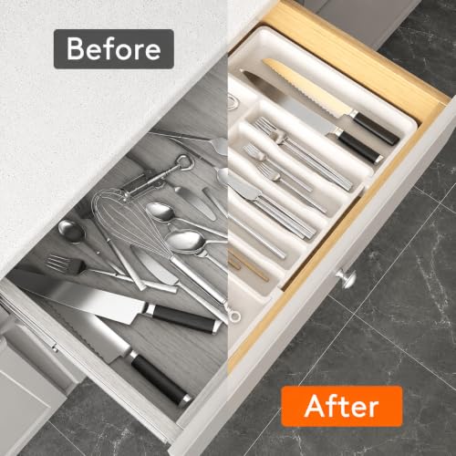 Image of Large Silverware Drawer Organizer, Expandable Utensil Tray for Kitchen, BPA Free Flatware and Cutlery Holder, Adjustable Plastic Storage for Spoons Forks Knives, White, Pack of 2