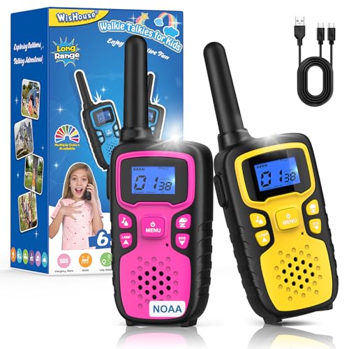 Image of Wishouse Walkie Talkies for Kids Rechargeable Long Range,Xmas Birthday Gift for 4 5 6 7 8 9 Year Old Boys Girls,Hiking Gear Camping Games Cool Toys with NOAA,SOS Siren,Lamp,Lanyards,2 Pack Pink Yellow