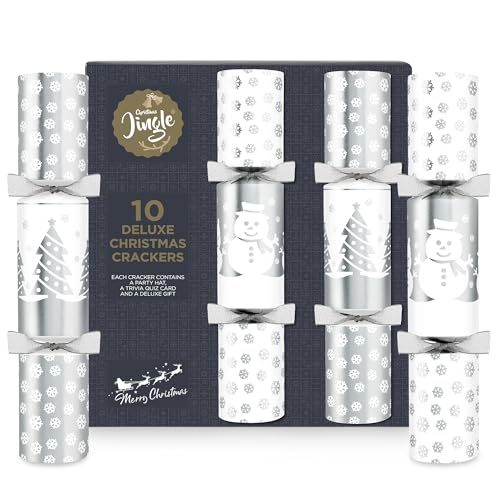 abeec Deluxe Christmas Crackers Silver & White – 10 x 14 Recyclable Crackers with Quiz Card, Party Hat & Deluxe Gift – Elegant Silver Table Decoration for Festive Dining