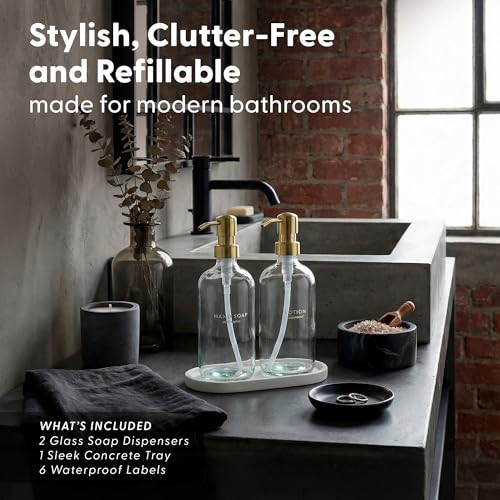 Image of MaisoNovo Bathroom Soap Dispenser Set- Soap and Lotion Dispenser Set with Clear Soap Dispenser, Gold Pumps & Concrete Tray