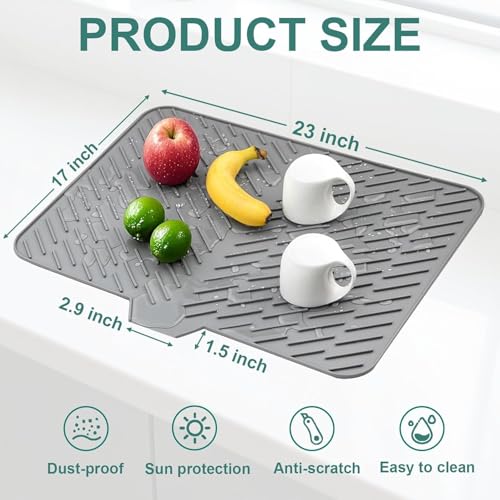 Image of Silicone Dish Drying Mat for Kitchen Counter - 23x17 Inch, Heat Resistant, Non-Slip, Built-in Drain Lip, Protects Countertop, Prevents Water Build up, Quick Dry, Easy to Clean Dish Drainer Mat