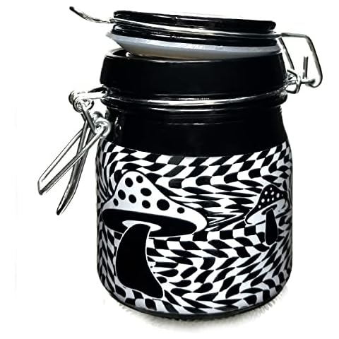 Ted Miller Innovation Airtight Glass Storage Jar Medium 3.75'' Tall ( Wavy Checkboard with Mushrooms) Cover