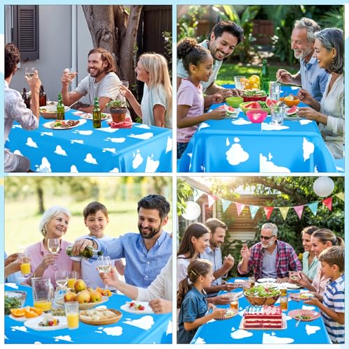 Image of Blue Sky and White Clouds Party Tablecloth, 2 PCS Cartoon Story Tablecloth, Disposable Plastic Rectangle Cartoon Table Cover for Boys Girls Baby Shower Picnic Birthday Party Decorations, 54x108 Inch