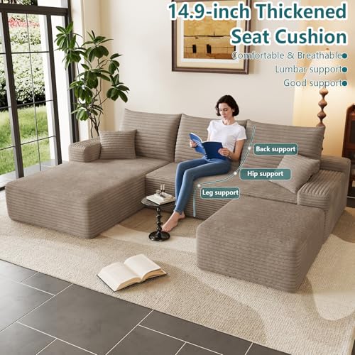 Image of 95 inch U-Shape Cloud Couch, Modern Modular Sectional L-Shape Sofa with Ottoman, Corduroy Upholstered Couches Deep Seat Sleeper Chaise Longue for Living Room, No Assembly Required(Camel, Left Facing)