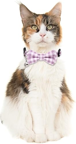 Miniatura 10 de Juego de 2 collares de gato con bonito pajarita y campana, flor a cuadros para gatito, seguridad ajustable