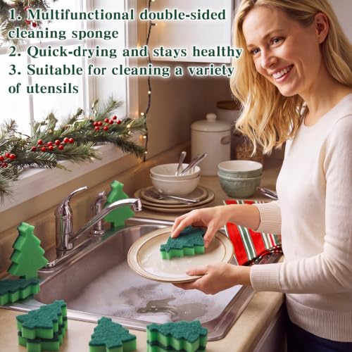 Image of Tioncy 12 Pack Christmas Tree Kitchen Sponges Bulk Cute Green Tree Dual Sided Scrubber Sponges Dishwashing Kitchen Cleaning Accessories for Home Decor Household Supplies