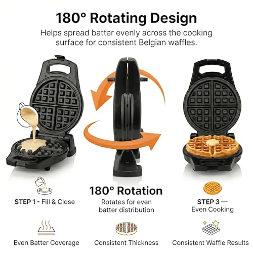 Image of Moss & Stone Belgian Waffle Maker - Rotating Flip Design, 8-Inch Electric Waffle Iron, Non-Stick Grids for Easy Release & Clean, Adjustable Temperature, Compact Upright Storage, Black