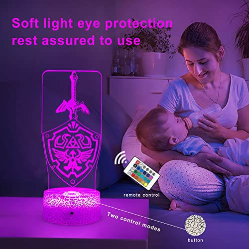 3D Legend of Zelda Night Light, Zelda Illusion Bedside Lamp (3 Patterns), 7 Color Change Decor Lamp with Remote, Decor Gifts for Boy Kids Girls Christmas Birthday