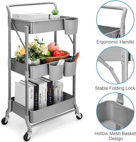 Shrivee Plegable Carrito Auxiliar con Ruedas 3 Niveles ExtraíBle Estrecho Carro de Almacenamiento para Cocina Baño Jardin (Gris) - imagen 4