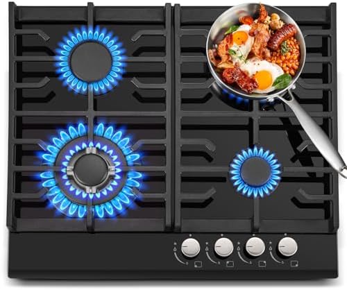 TopStrong Gas Hob 4 burners, 60cm Black Glass Gas Hob, Built in Cooktop with Cast Iron Supports, NG/LPG Convertible, Flame Out Protection