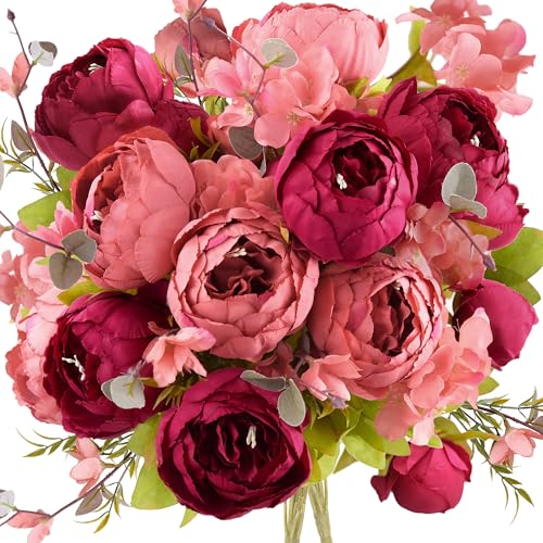 Image of FiveSeasonStuff Country Barn Red Peony Bouquets, 2 Bundles Artificial Silk Flowers with Hydrangeas for Wedding Centerpieces & Home Decor