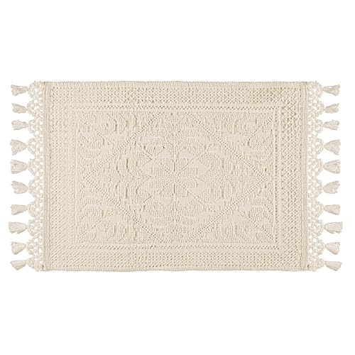 Savi Home Cotton Woven Jacquard Bathroom Rug, Woven Fringe Bathroom Mats, 100% Cotton, Non - Slip Bath Mat, Durable Thick Bath Mat 17”x30” with Fringes, Ivory