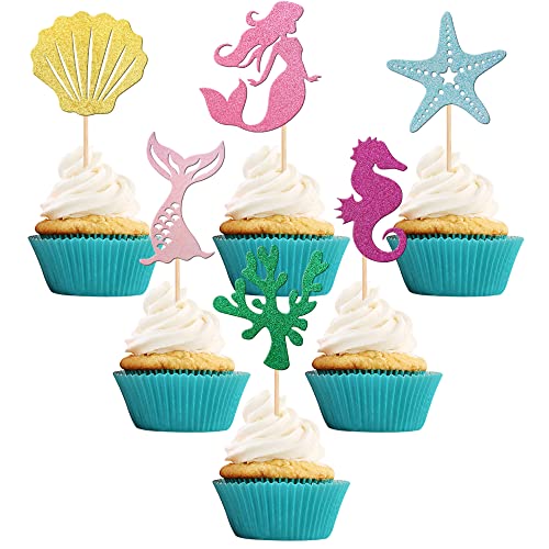 24 Pcs Glitter Mermaid Cupcake Toppers With Seahorse Shell Mermaid Tail Star Seaweed Baby Shower Cupcake Picks For Under The Sea Marine Life Theme Kids Birthday Party Cake Decorations #TOP26
