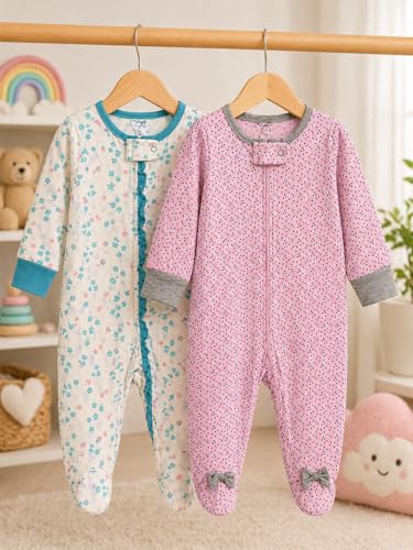 Image of TuddyBuddy Baby Girl's Cotton Printed Full Sleeves Sleepsuit /Footed Rompers for Baby Girl