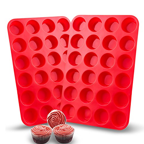 Auxcuiso 24 Cups Mini Muffin Molds Silicone Non Stick Set of 2 Packs Red