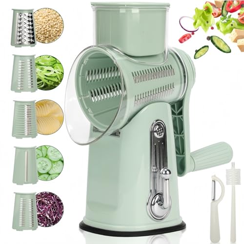 CHDEXU Rotary Cheese Grater with Handle, Manual Vegetable Slicer Grater with 5 Detachable Stainless Steel Blades, Round Graters Slicer Hand Crank Food Chopper for Kitchen with Blade Storage Box