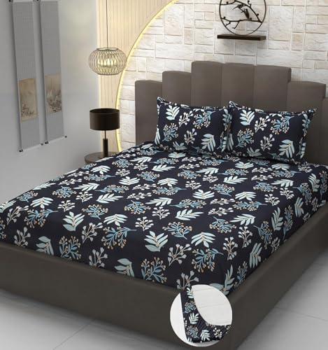 Image of KAWI Elastic Fitted Bedsheets (60 inchx78 inch) Queen Size Glace Cotton for Double Bed with All Around Elastic, 2 Large Pillow Cover, 200TC - Blue Dark Color