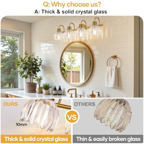 Image of 4-Light Bathroom Light Fixtures, 27 inch Brushed Gold Vanity Lights for Bathroom with Ribbed Clear Tulip Glass Shade, Vintage Bathroom Vanity Lighting Fixtures Over Mirror for Bedroom Living Room Hallway
