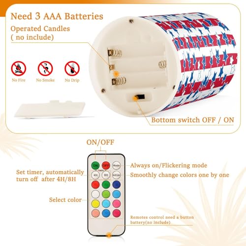 Image of American Flag USA 4th July Red White Blue Star Stripe Flickering Flameless Candles Battery Operated Remote Timer,Tea Light Candles LED Pillar Votive Candles set of 2 for Outdoor Indoor Decoration